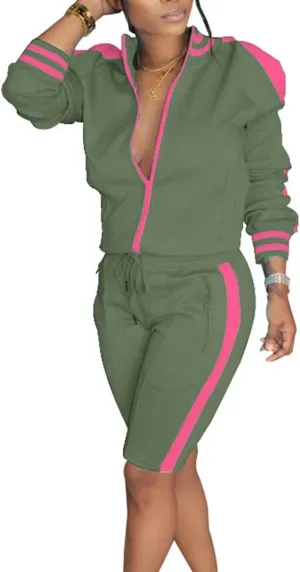 Lucuna Womens 2 Piece Shorts Set Stripe Print Lapel Neck Zipper Outerwear Top and Shorts Sweatpants Loungewear Romper
