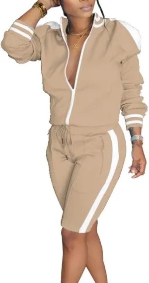 Lucuna Womens 2 Piece Shorts Set Stripe Print Lapel Neck Zipper Outerwear Top and Shorts Sweatpants Loungewear Romper