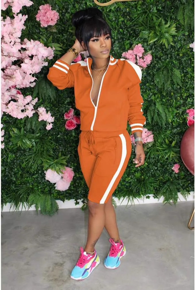 Lucuna Womens 2 Piece Shorts Set Stripe Print Lapel Neck Zipper Outerwear Top and Shorts Sweatpants Loungewear Romper