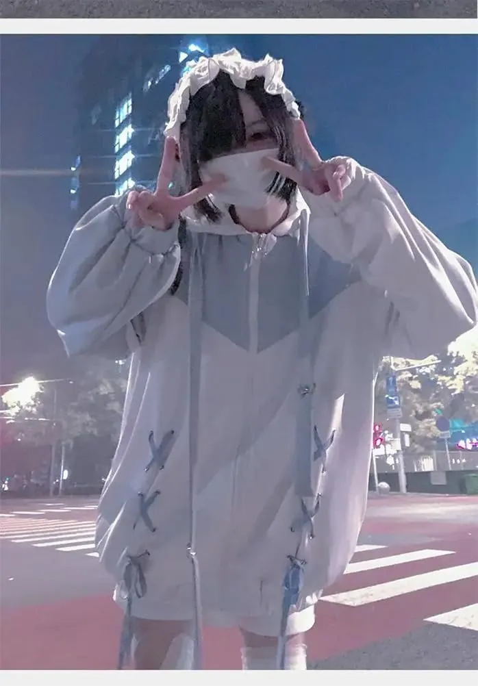 Lunoakvo Women Harajuku Zip Up Hoodie Causal Oversized Hooded Ear Outwear Bandage Y2k Jacket Coats