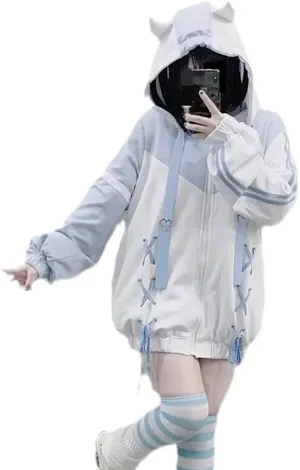 Lunoakvo Women Harajuku Zip Up Hoodie Causal Oversized Hooded Ear Outwear Bandage Y2k Jacket Coats