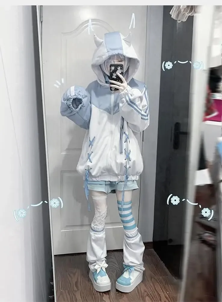 Lunoakvo Women Harajuku Zip Up Hoodie Causal Oversized Hooded Ear Outwear Bandage Y2k Jacket Coats