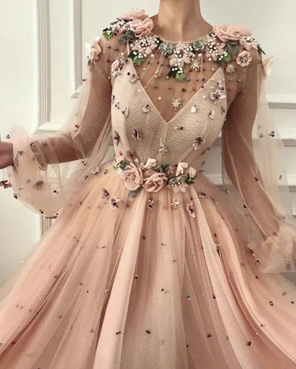 Luxury A Line Long Sleeves 3D Flowers Prom Dresses Formal Evening Dresses, SP551