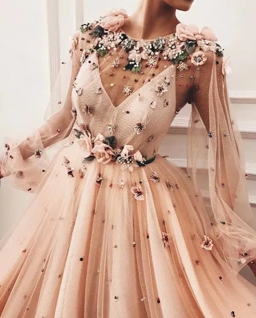 Luxury A Line Long Sleeves 3D Flowers Prom Dresses Formal Evening Dresses, SP551
