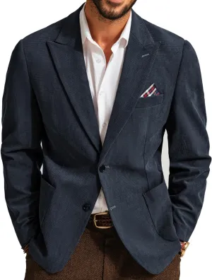 Men's Corduroy Blazer Two Button Formal Blazer for Men Sport Coats with Pockets for Wedding Navy Blue