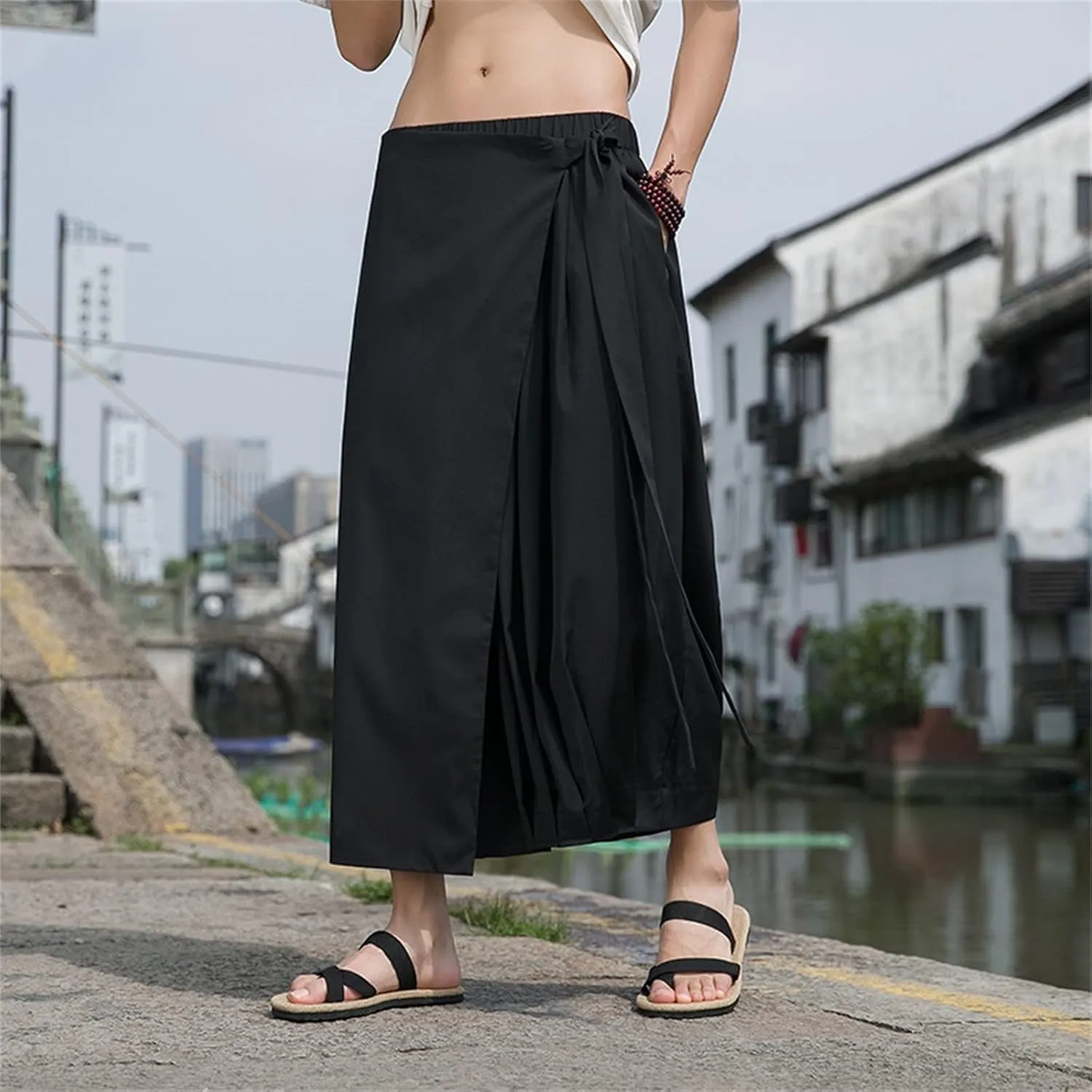 Mens Linen Cotton Capri Harem Pant Big and Tall Wide Leg Patchwork Culottes for Men Summer Lightweight Beach Yoga Long Short