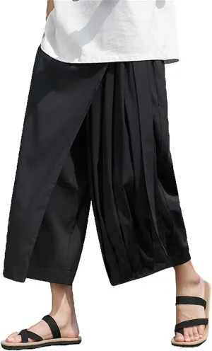 Mens Linen Cotton Capri Harem Pant Big and Tall Wide Leg Patchwork Culottes for Men Summer Lightweight Beach Yoga Long Short