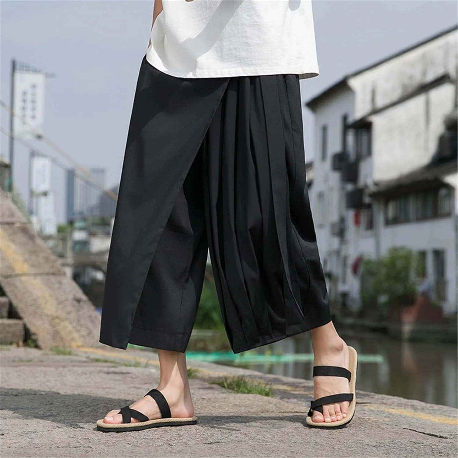 Mens Linen Cotton Capri Harem Pant Big and Tall Wide Leg Patchwork Culottes for Men Summer Lightweight Beach Yoga Long Short