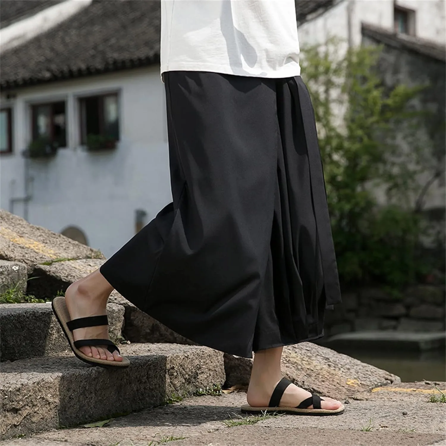 Mens Linen Cotton Capri Harem Pant Big and Tall Wide Leg Patchwork Culottes for Men Summer Lightweight Beach Yoga Long Short