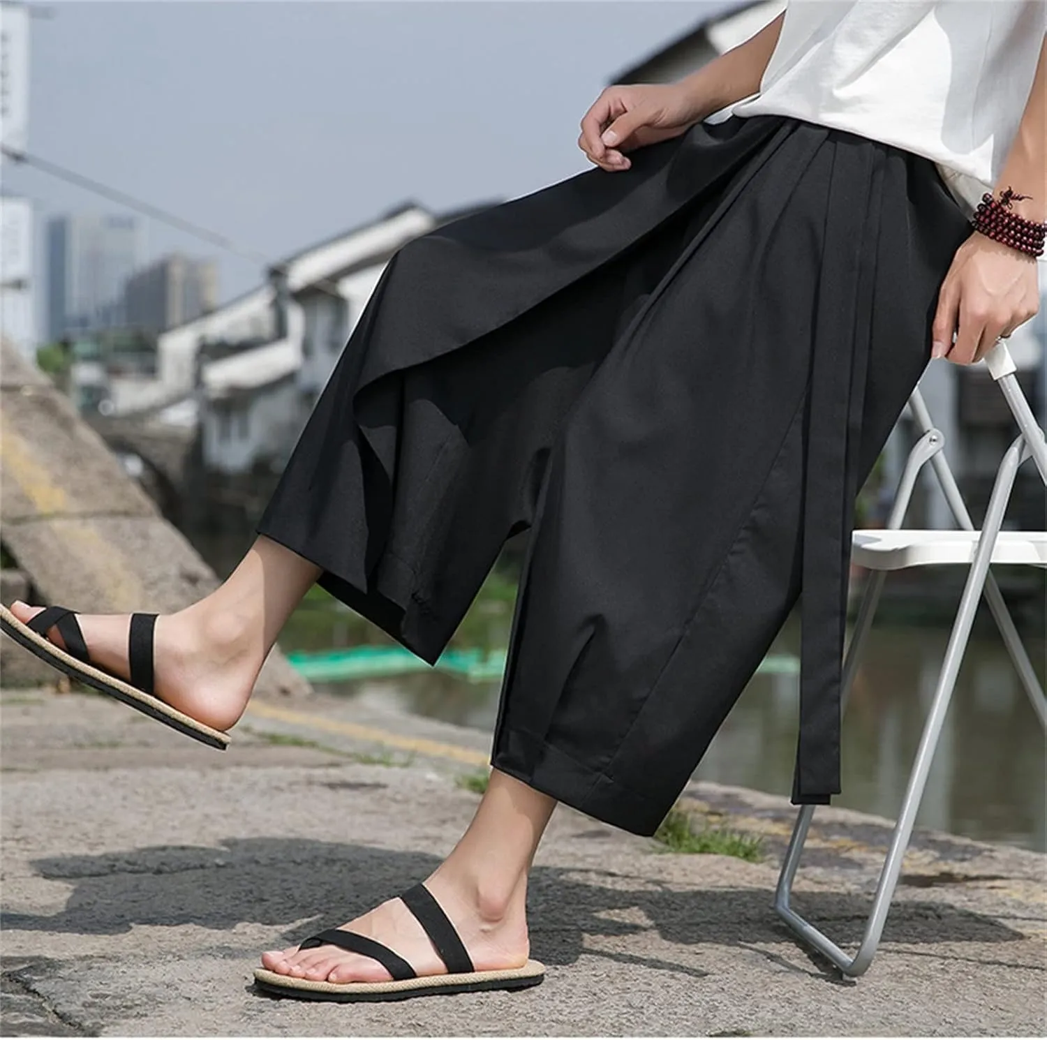 Mens Linen Cotton Capri Harem Pant Big and Tall Wide Leg Patchwork Culottes for Men Summer Lightweight Beach Yoga Long Short