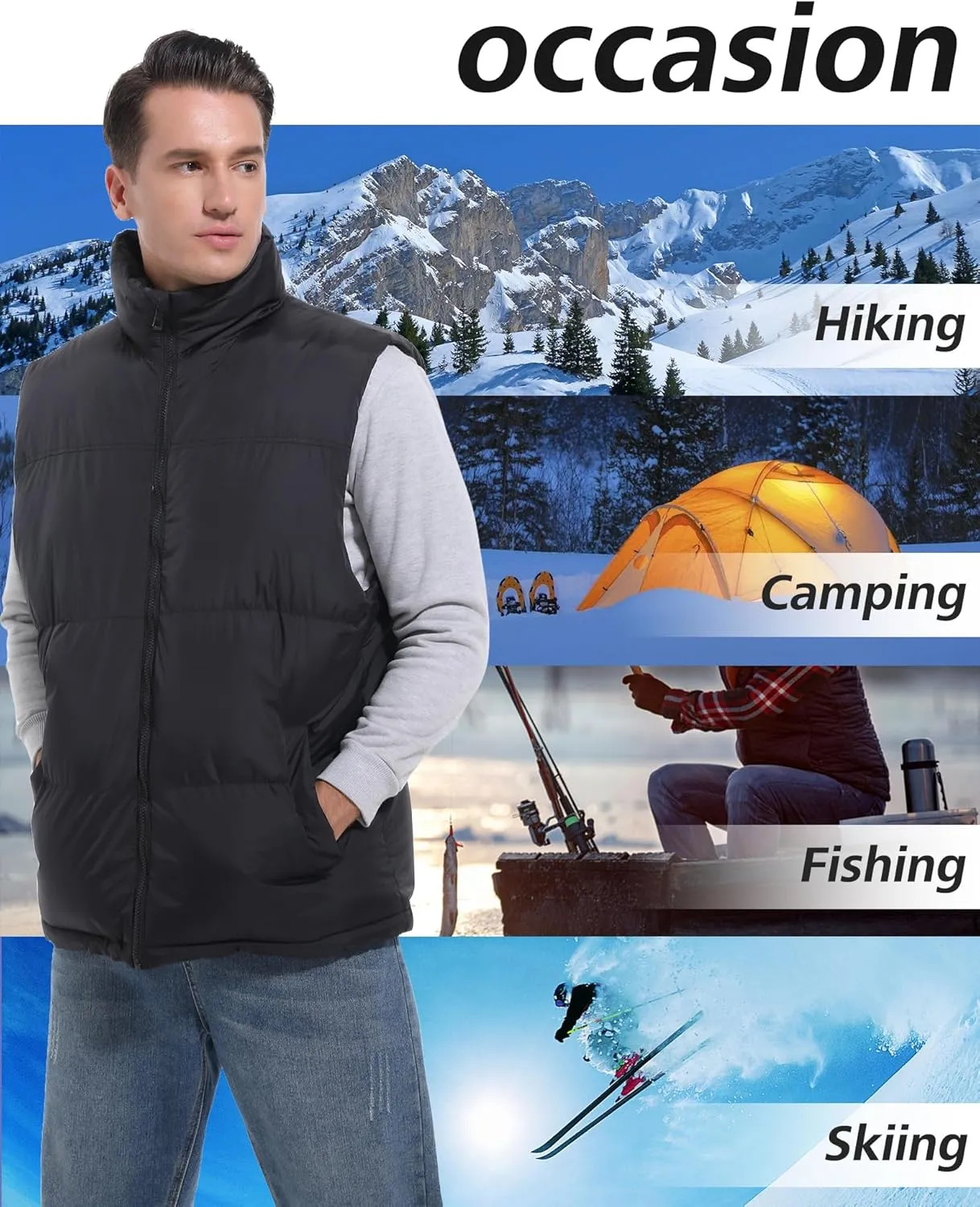 Men's Quilted Puffer Vest Sleeveless Warm Jacket Winter Water-Resistant Outdoor Puffy Vest Sizes M to 3XL