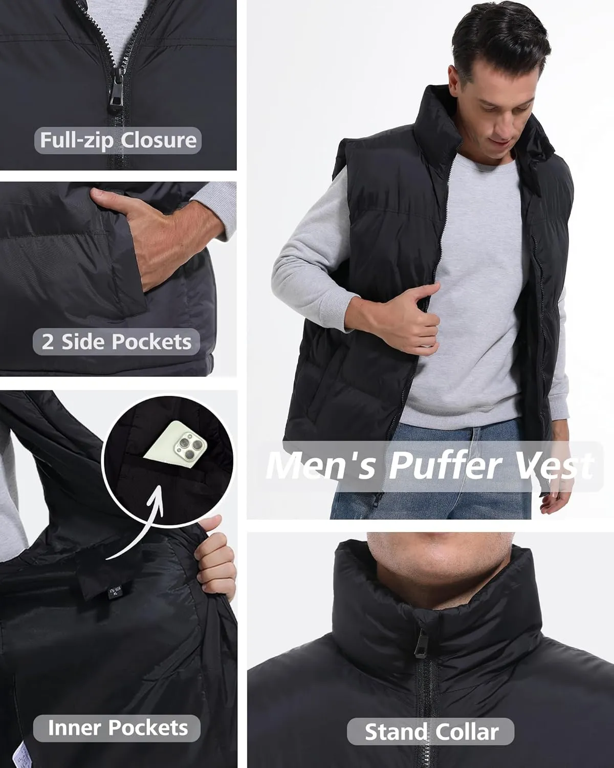 Men's Quilted Puffer Vest Sleeveless Warm Jacket Winter Water-Resistant Outdoor Puffy Vest Sizes M to 3XL