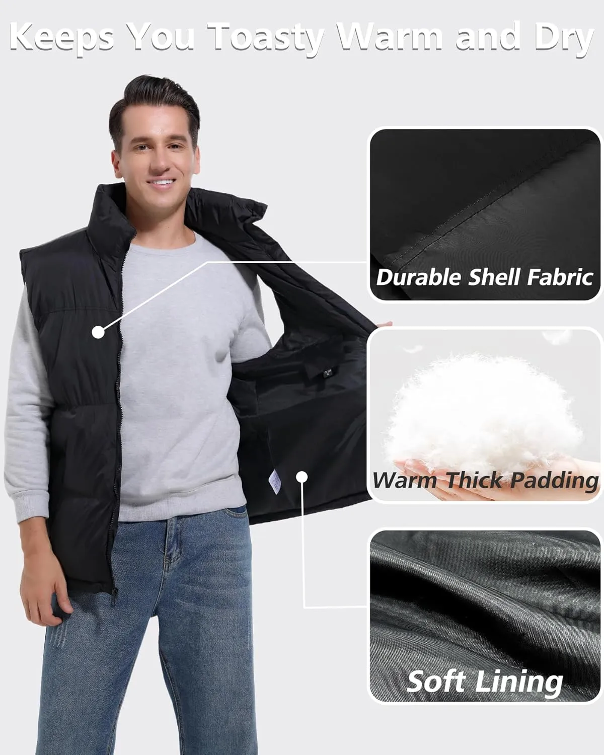 Men's Quilted Puffer Vest Sleeveless Warm Jacket Winter Water-Resistant Outdoor Puffy Vest Sizes M to 3XL