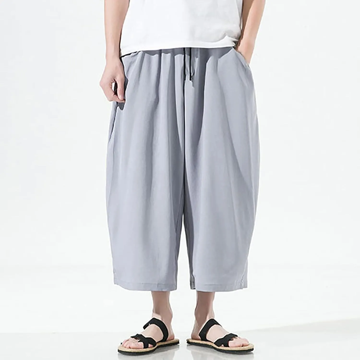 Mens Summer Ice Silk Capri Harem Pants with Drawstring Wide Leg Loose Slacks Breathable Beach Yoga Hippie Casual Trousers