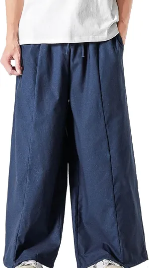 Mens Summer Linen Cotton Harem Pants Wide Leg Baggy Drawstring Bloomers Fashion Straight Leg Japanese Style Casual Trousers