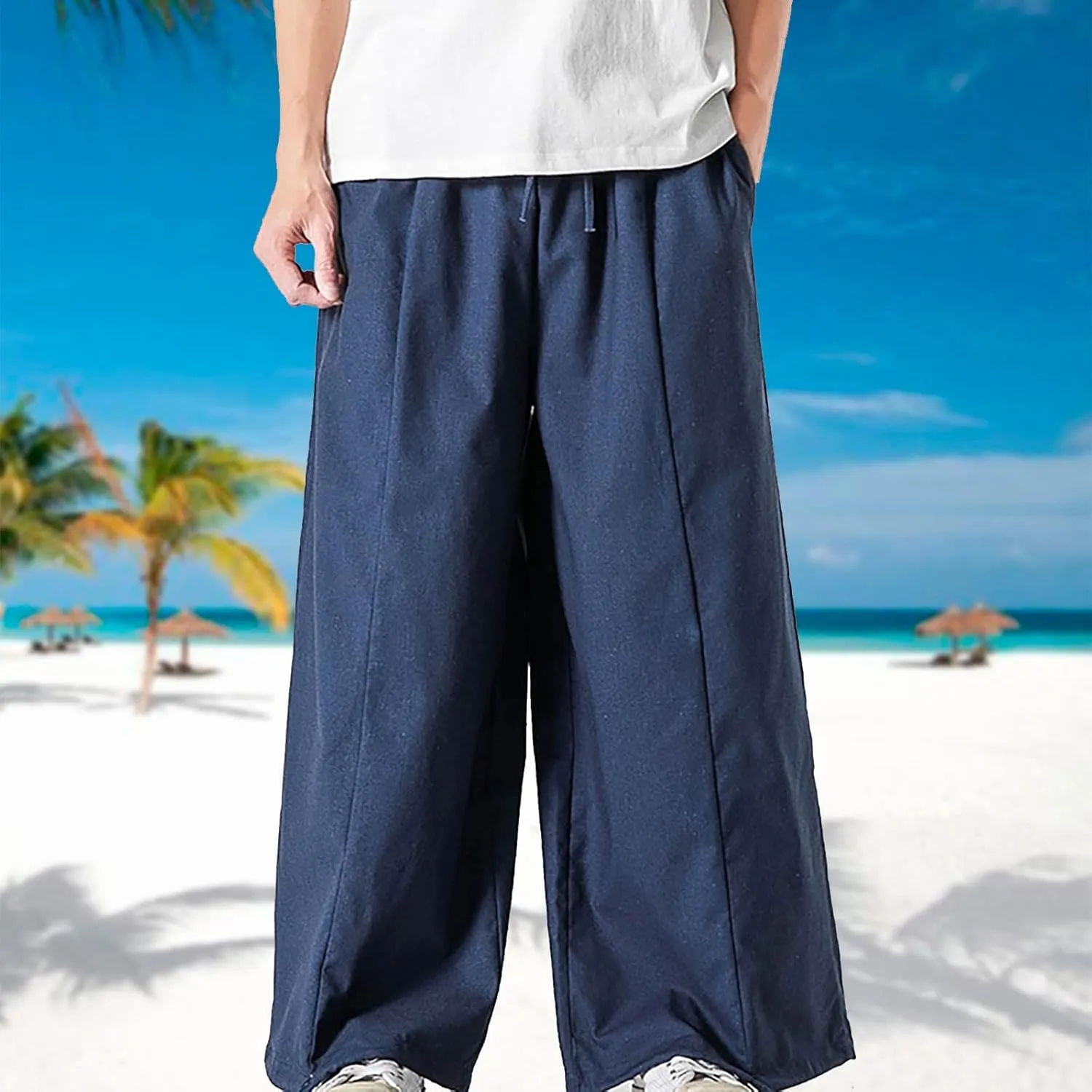 Mens Summer Linen Cotton Harem Pants Wide Leg Baggy Drawstring Bloomers Fashion Straight Leg Japanese Style Casual Trousers
