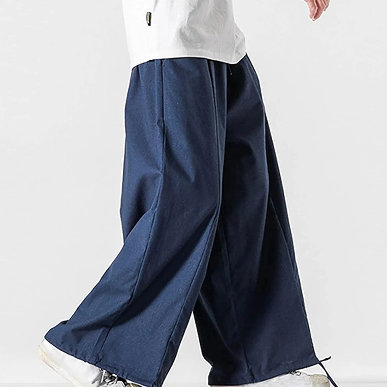 Mens Summer Linen Cotton Harem Pants Wide Leg Baggy Drawstring Bloomers Fashion Straight Leg Japanese Style Casual Trousers