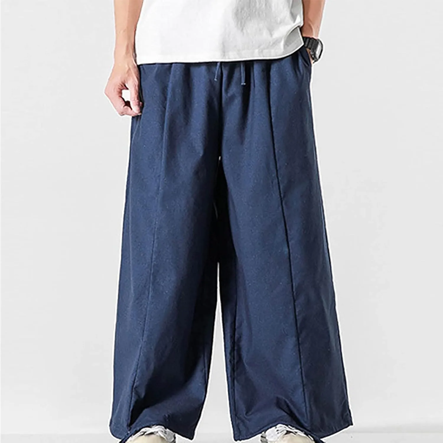 Mens Summer Linen Cotton Harem Pants Wide Leg Baggy Drawstring Bloomers Fashion Straight Leg Japanese Style Casual Trousers
