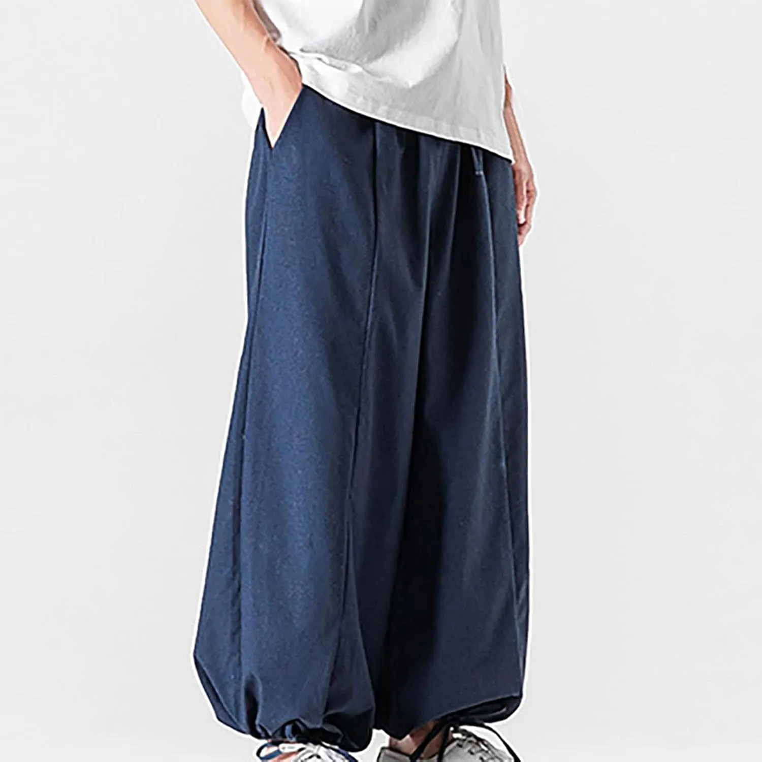 Mens Summer Linen Cotton Harem Pants Wide Leg Baggy Drawstring Bloomers Fashion Straight Leg Japanese Style Casual Trousers