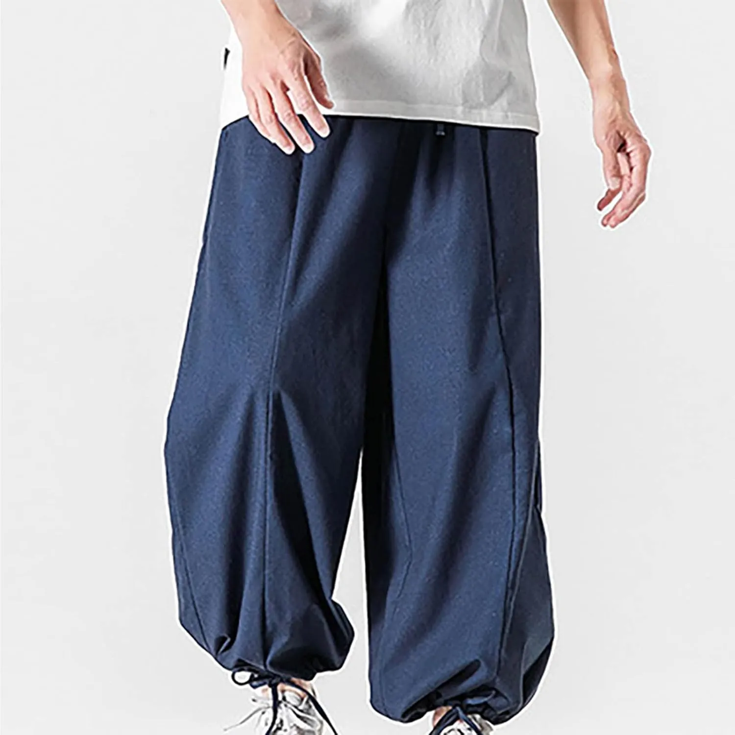 Mens Summer Linen Cotton Harem Pants Wide Leg Baggy Drawstring Bloomers Fashion Straight Leg Japanese Style Casual Trousers