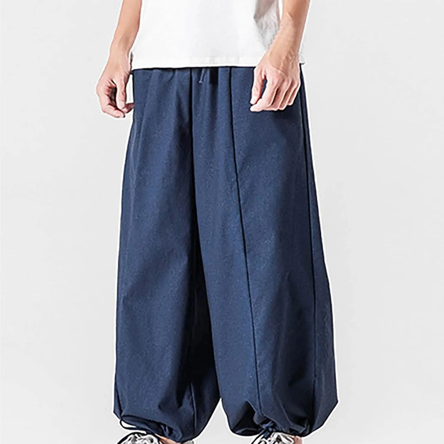 Mens Summer Linen Cotton Harem Pants Wide Leg Baggy Drawstring Bloomers Fashion Straight Leg Japanese Style Casual Trousers