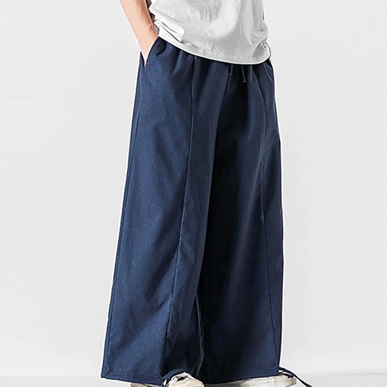 Mens Summer Linen Cotton Harem Pants Wide Leg Baggy Drawstring Bloomers Fashion Straight Leg Japanese Style Casual Trousers