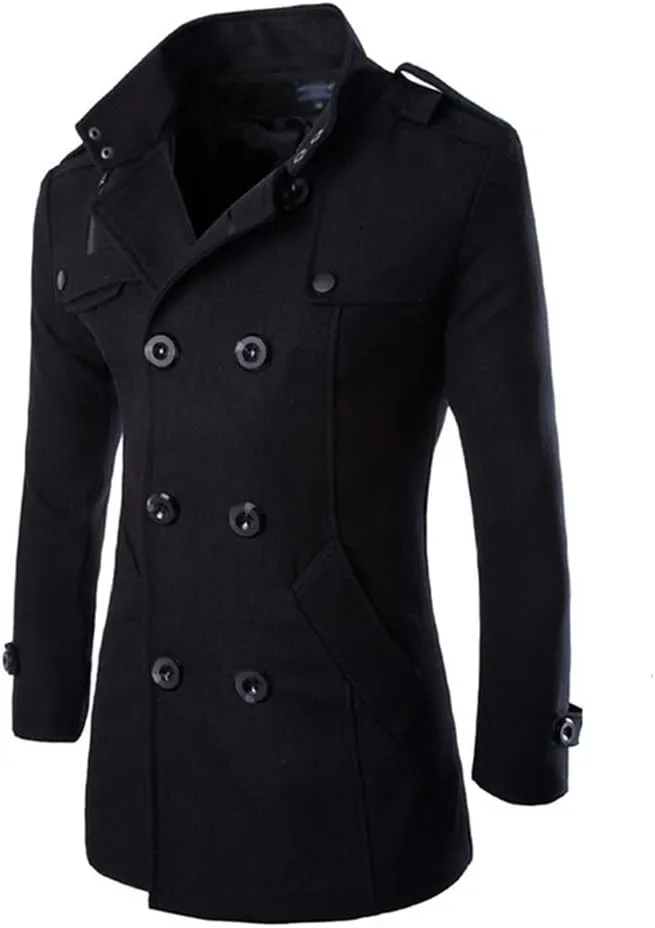 Men's Trench Coat Slim Fit Double Breasted Trench Coat Casual Cotton Blend Peacoat Warm Jacket Overcoat