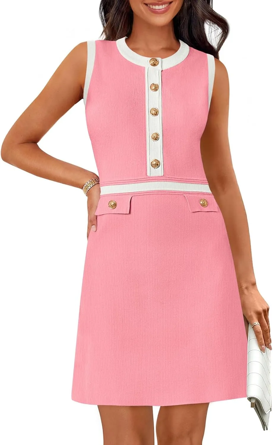 MEROKEETY Women's Formal Work Mini Dress Casual Summer Sleeveless Elegant Button Bussiness Office Outfits