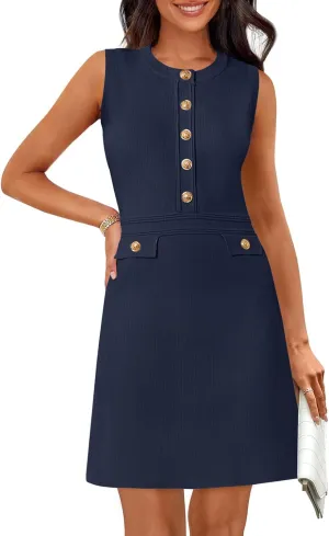 MEROKEETY Women's Formal Work Mini Dress Casual Summer Sleeveless Elegant Button Bussiness Office Outfits