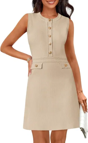 MEROKEETY Women's Formal Work Mini Dress Casual Summer Sleeveless Elegant Button Bussiness Office Outfits