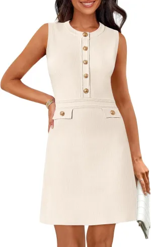MEROKEETY Women's Formal Work Mini Dress Casual Summer Sleeveless Elegant Button Bussiness Office Outfits