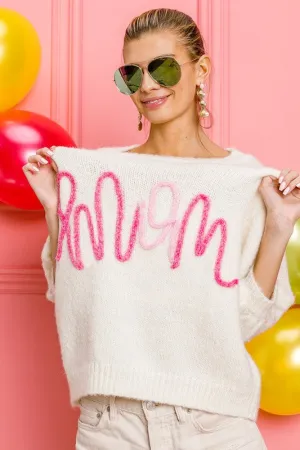 Metallic Letter "Mom" Puff Sleeve Fuzzy Sweater