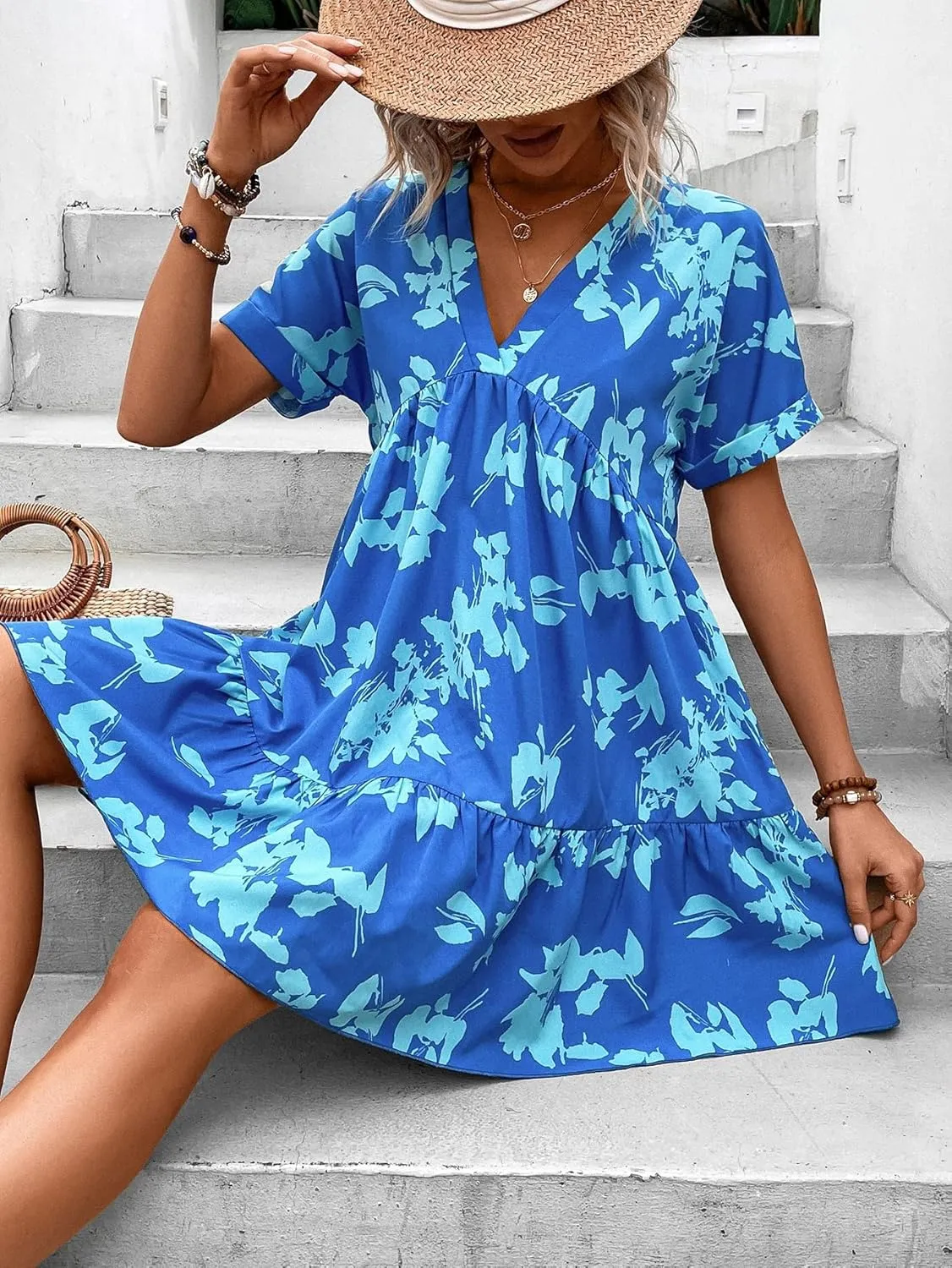 METOES Women's Spring Summer 2023 Boho Mini Short Dress Floral Print Batwing Sleeve Ruffle Hem Smock Dress