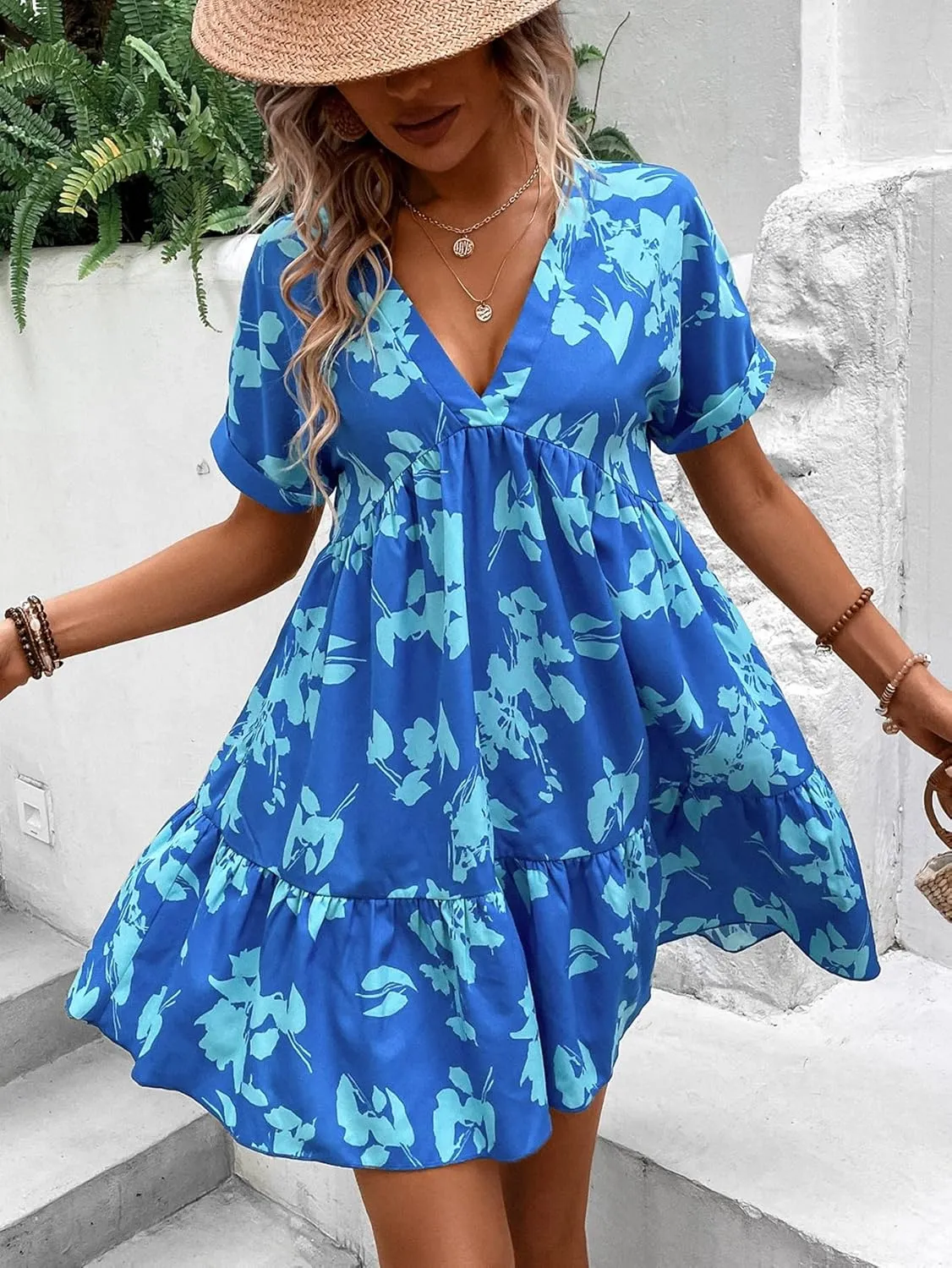 METOES Women's Spring Summer 2023 Boho Mini Short Dress Floral Print Batwing Sleeve Ruffle Hem Smock Dress