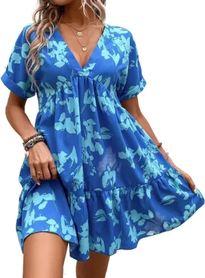 METOES Women's Spring Summer 2023 Boho Mini Short Dress Floral Print Batwing Sleeve Ruffle Hem Smock Dress