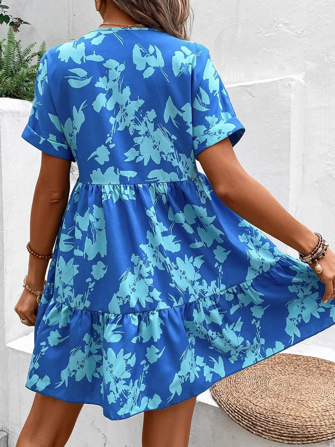 METOES Women's Spring Summer 2023 Boho Mini Short Dress Floral Print Batwing Sleeve Ruffle Hem Smock Dress