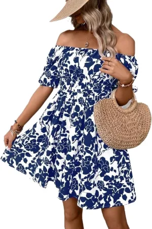 METOES Women's Spring Summer 2023 Boho Mini Short Dress Short Sleeve Floral Print Off Shoulder Dress