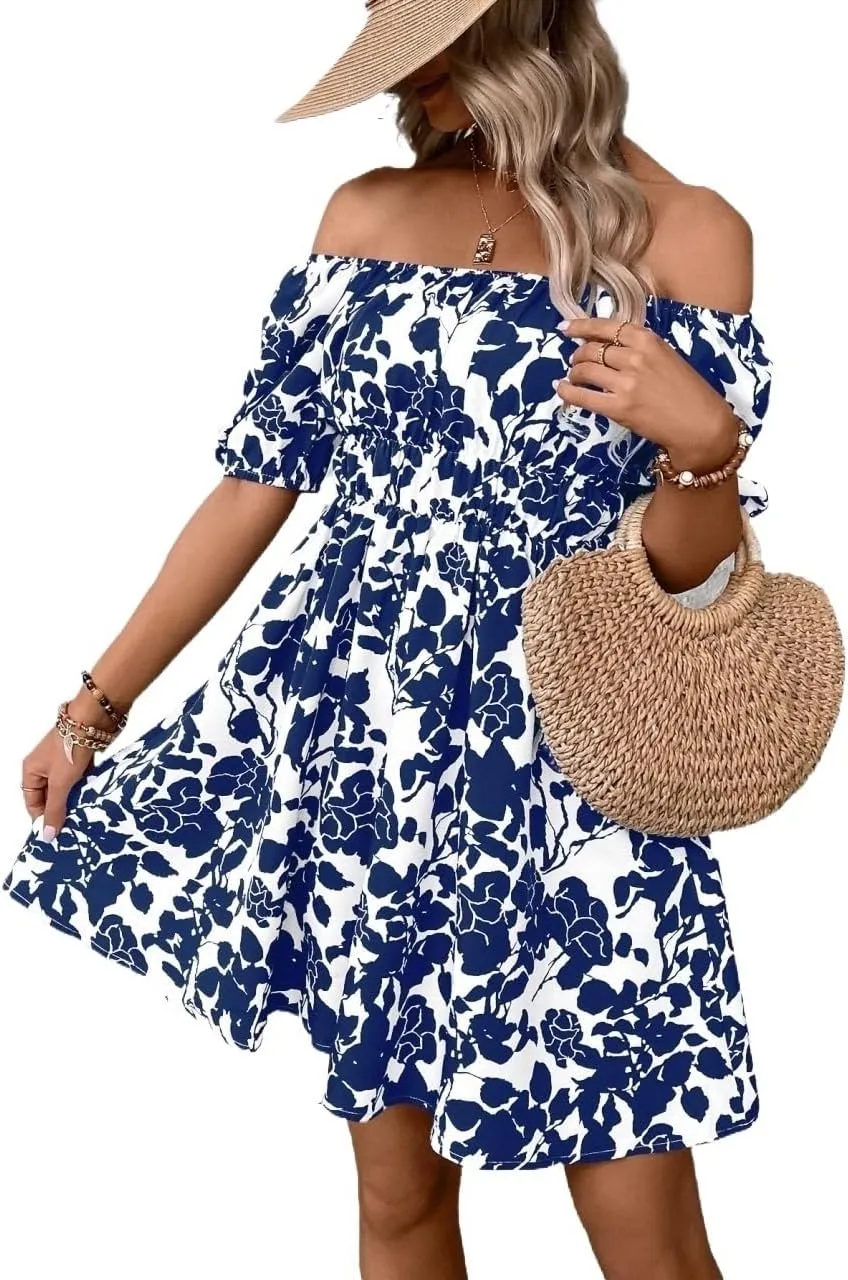METOES Women's Spring Summer 2023 Boho Mini Short Dress Short Sleeve Floral Print Off Shoulder Dress