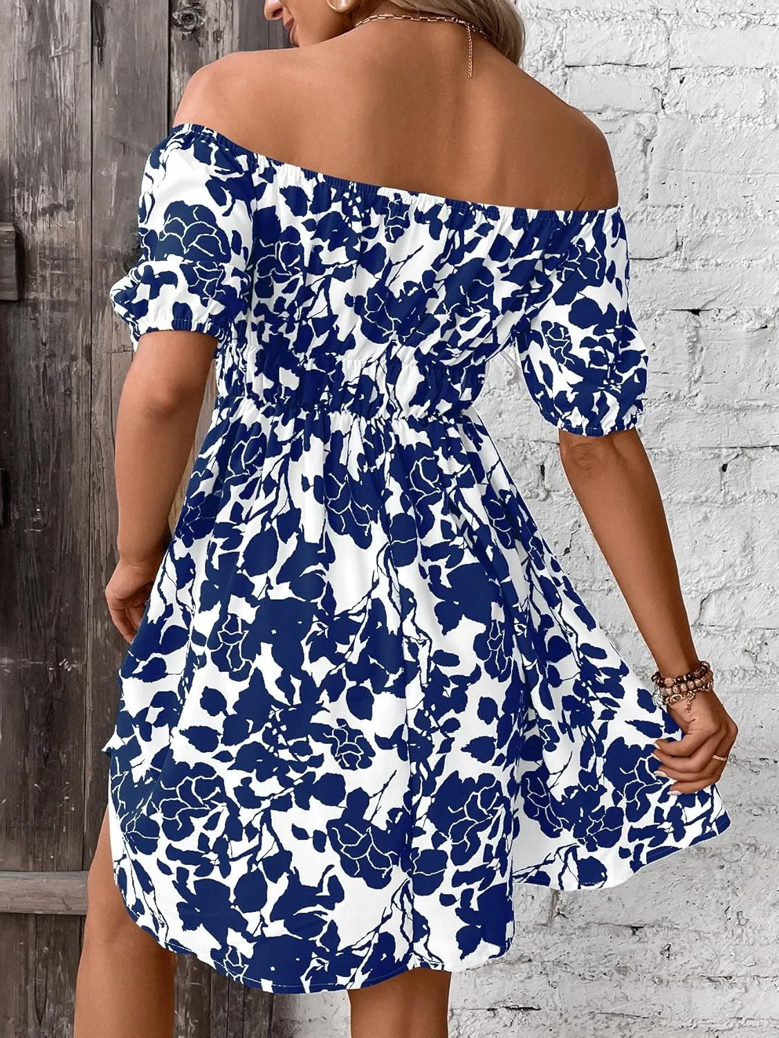 METOES Women's Spring Summer 2023 Boho Mini Short Dress Short Sleeve Floral Print Off Shoulder Dress