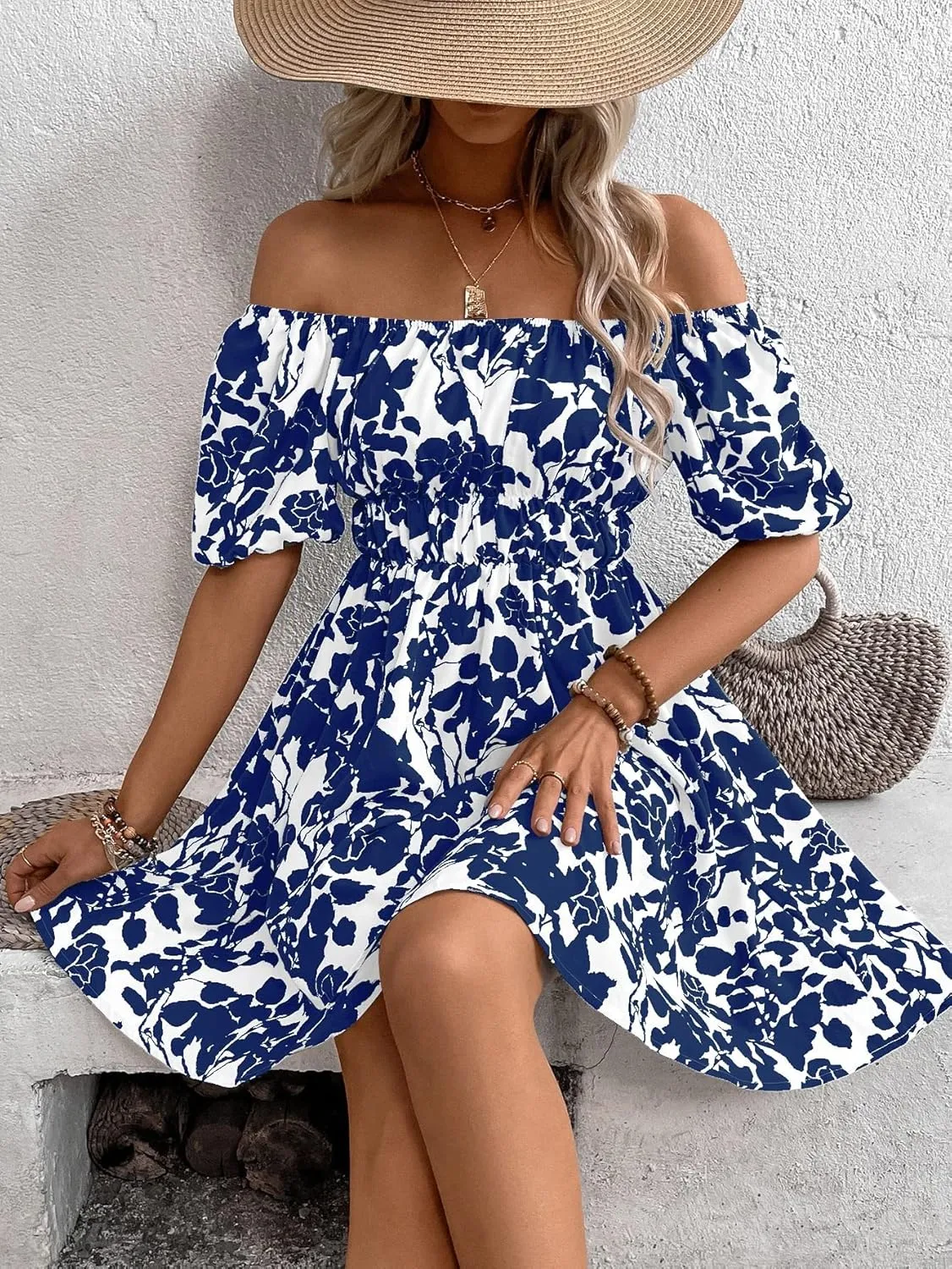 METOES Women's Spring Summer 2023 Boho Mini Short Dress Short Sleeve Floral Print Off Shoulder Dress