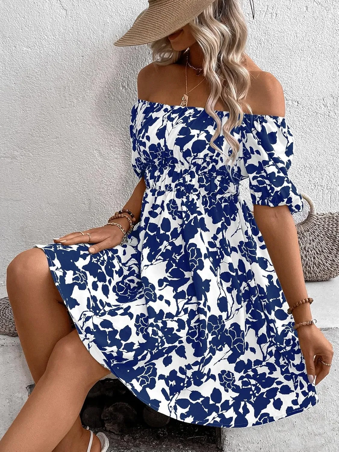 METOES Women's Spring Summer 2023 Boho Mini Short Dress Short Sleeve Floral Print Off Shoulder Dress