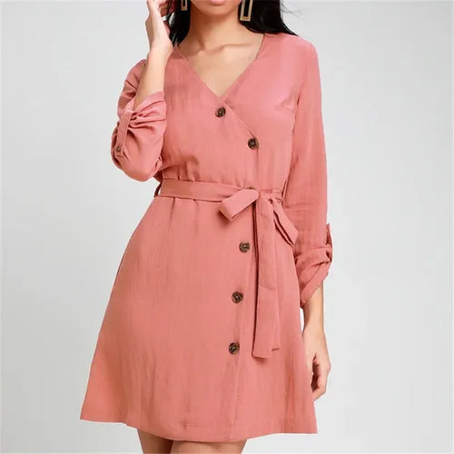 Mini Dress Women V Neck Long Sleeve