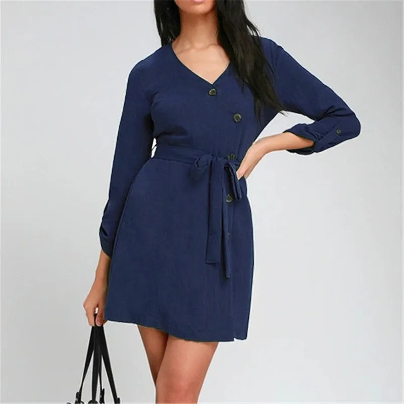 Mini Dress Women V Neck Long Sleeve
