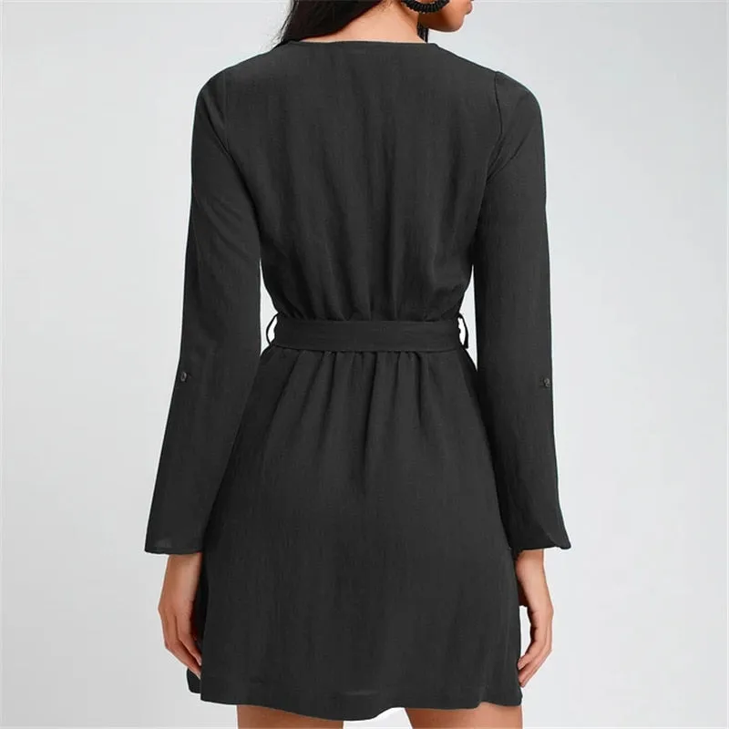 Mini Dress Women V Neck Long Sleeve