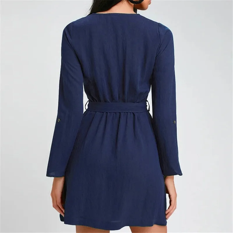 Mini Dress Women V Neck Long Sleeve