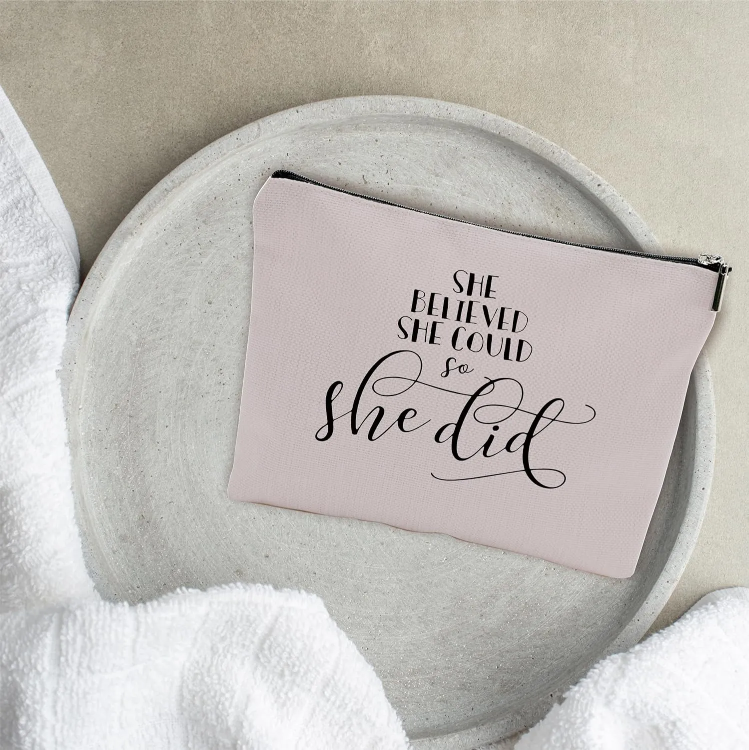 Minimalism Makeup Bag - She Believe She Could So She Did - Quotes Cosmetic Bag, Toiletry Bag Gift For Girls, Teen, Sister, Besties, Personal Care & Accessories(Warm Grey) - A05