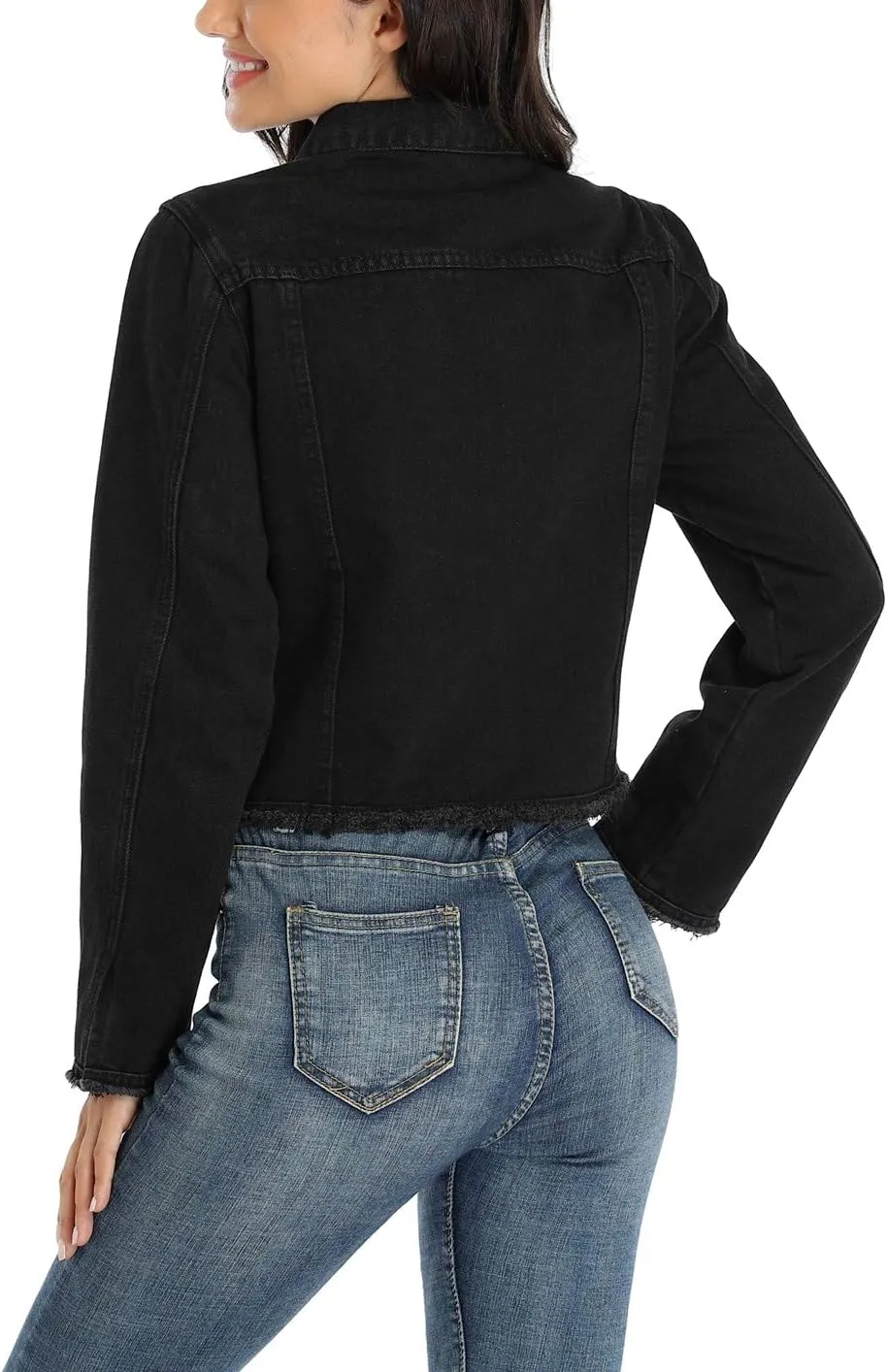 MISS MOLY Jean Jacket Womens Frayed Washed Button Up Cropped Denim Jacket w 2 Side Pockets