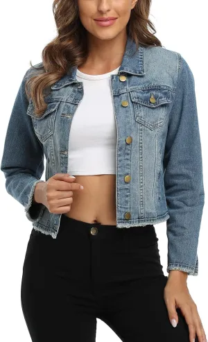 MISS MOLY Jean Jacket Womens Frayed Washed Button Up Cropped Denim Jacket w 2 Side Pockets