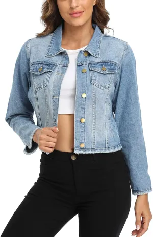 MISS MOLY Jean Jacket Womens Frayed Washed Button Up Cropped Denim Jacket w 2 Side Pockets