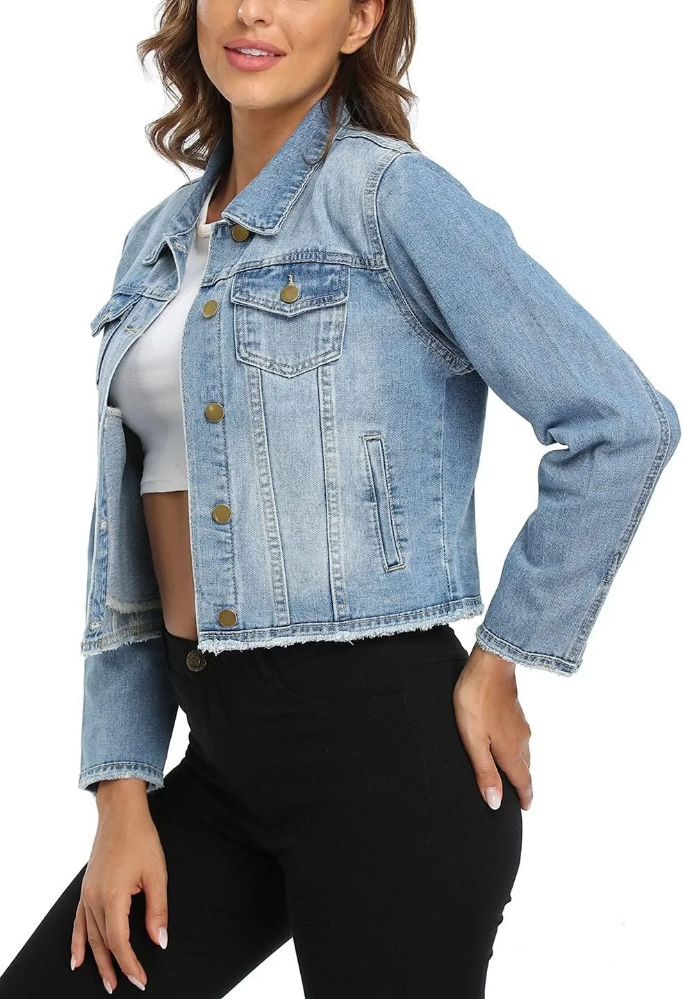 MISS MOLY Jean Jacket Womens Frayed Washed Button Up Cropped Denim Jacket w 2 Side Pockets